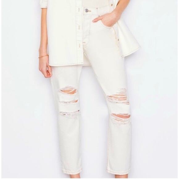 Frame Denim High Rise Straight Fit Distressed Jeans Off-White Rips Le Original - Picture 2 of 13